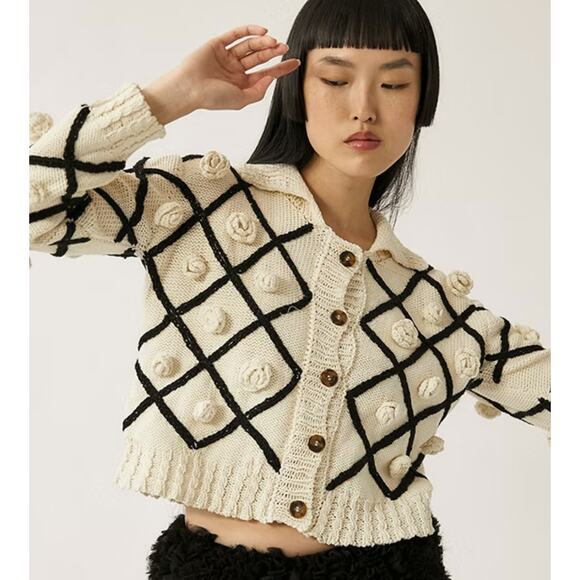 Tach Linaria Knit Rosebud Cardigan Sweater Hand Embroidered Medium NWT